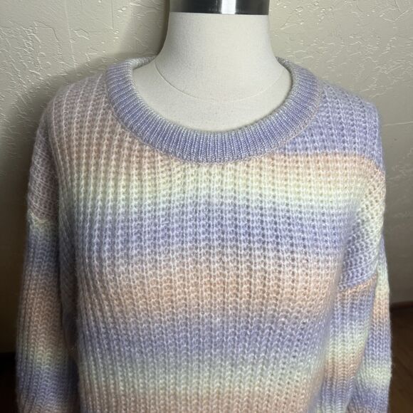 Zara Sweater Womens XL Rainbow Pastel Striped Knit Balloon Sleeves NEW - Picture 3 of 9